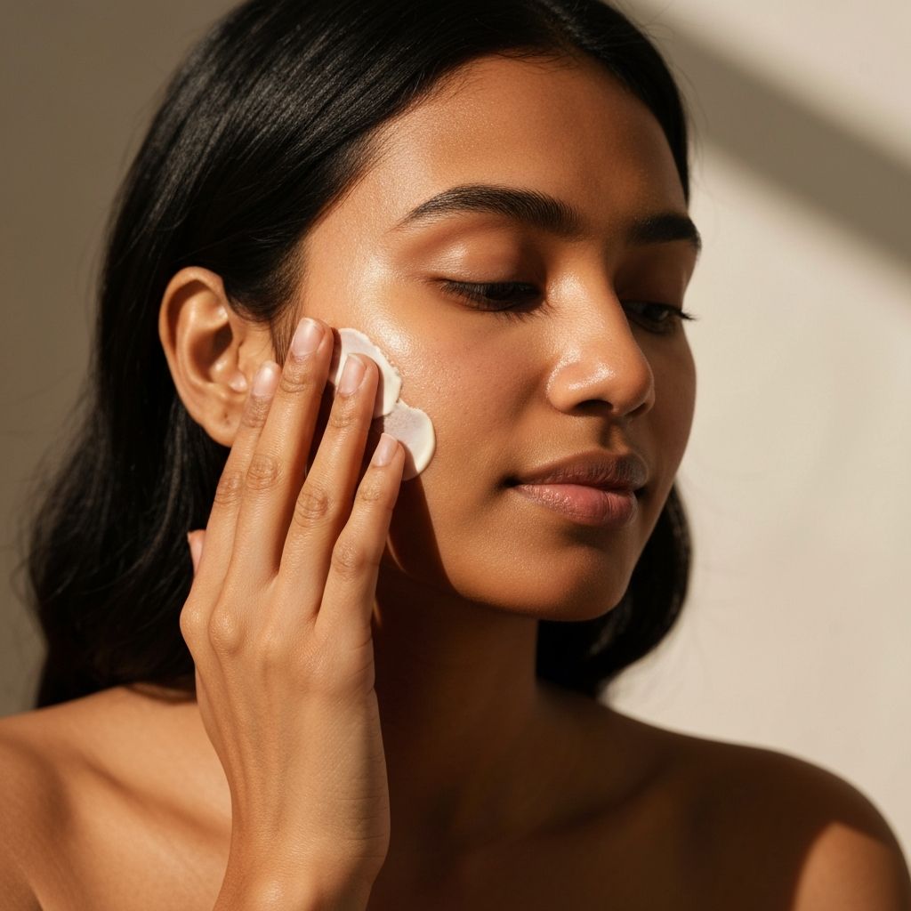 Woman applying skincare with gua sha stone